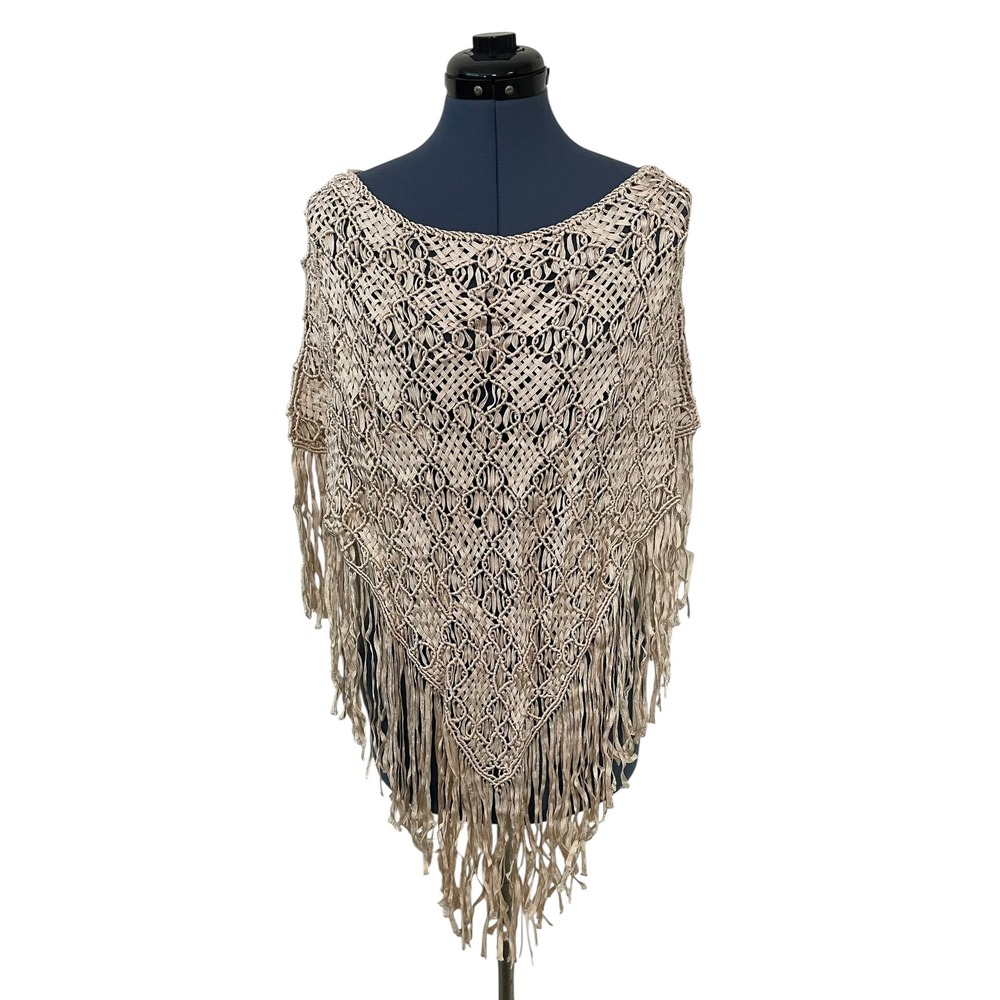 Vtg Krochetta Papillon Crochet Knit Fringe Poncho Beige Western Boho Beach OS